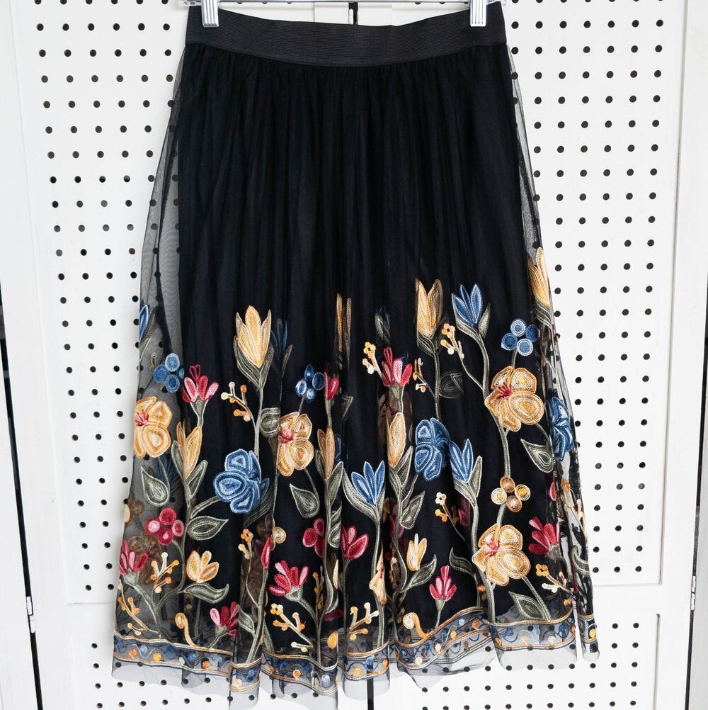 EST 1946 Skirt Womens SIZE XS Black Tulle Mesh Floral Embroidered Full Layered